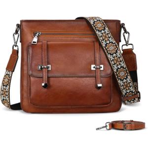 imageIswee Soft Leather Crossbody Bags for Women Shoulder Handbags Multi Pocket Travel Purse with Adjustable Strap Medium SizeBrown