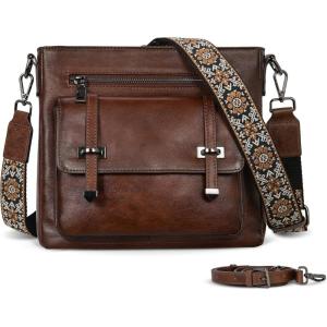 imageIswee Soft Leather Crossbody Bags for Women Shoulder Handbags Multi Pocket Travel Purse with Adjustable Strap Medium SizeCoffee