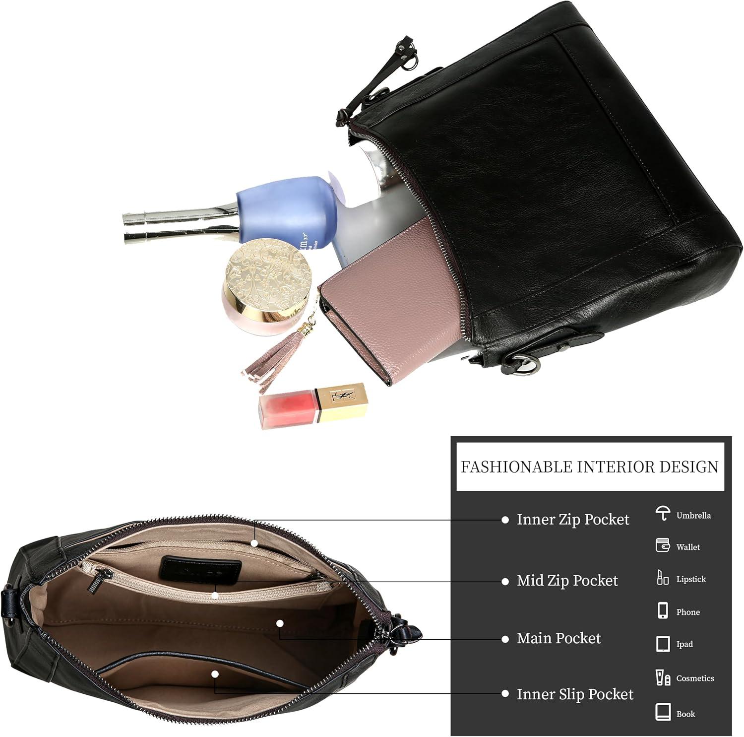 imageIswee Leather Crossbody Bags for Women Shoulder Purse Medium Hobo Genuine Leather Satchel Purses and HandbagsBlack