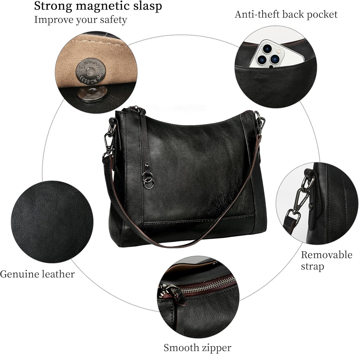 imageIswee Leather Crossbody Bags for Women Shoulder Purse Medium Hobo Genuine Leather Satchel Purses and HandbagsBlack