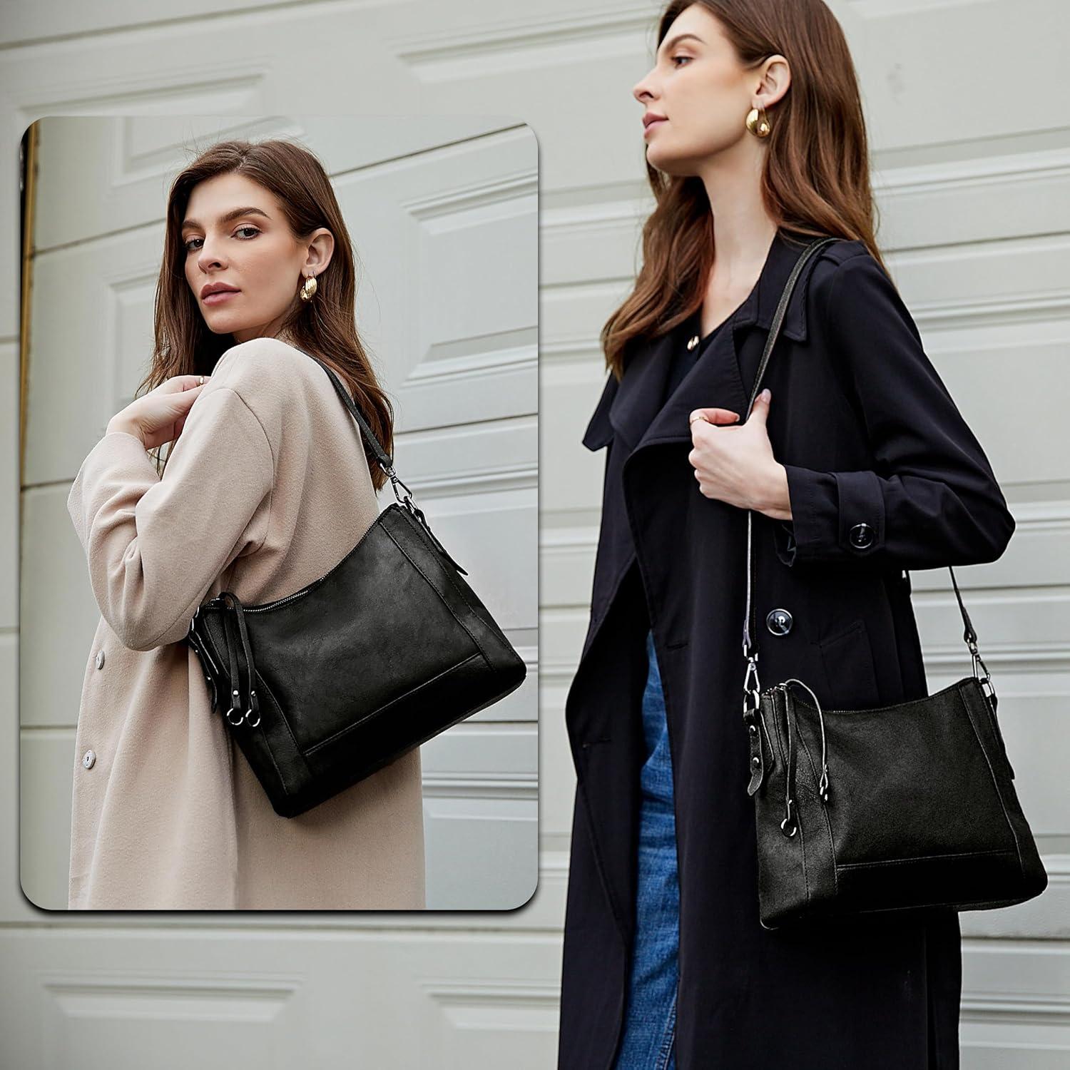 imageIswee Leather Crossbody Bags for Women Shoulder Purse Medium Hobo Genuine Leather Satchel Purses and HandbagsBlack