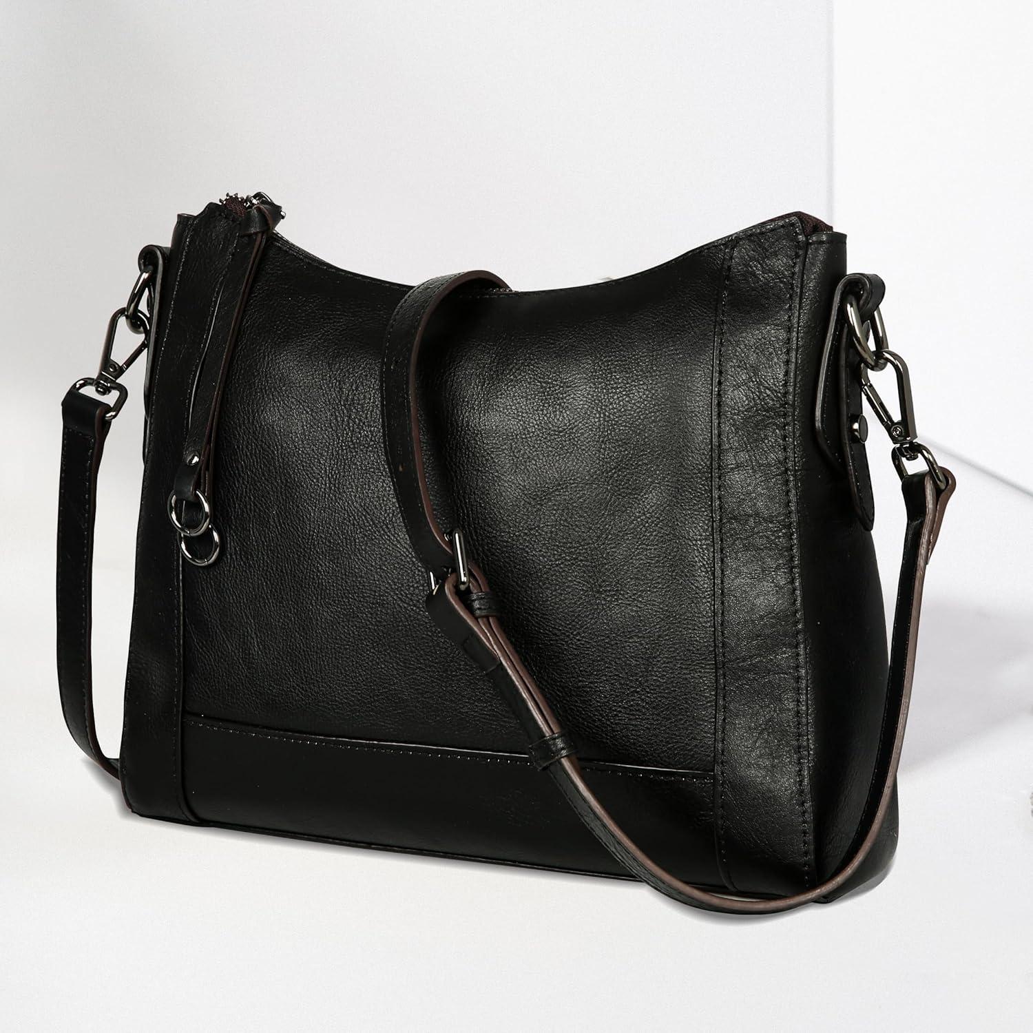 imageIswee Leather Crossbody Bags for Women Shoulder Purse Medium Hobo Genuine Leather Satchel Purses and HandbagsBlack