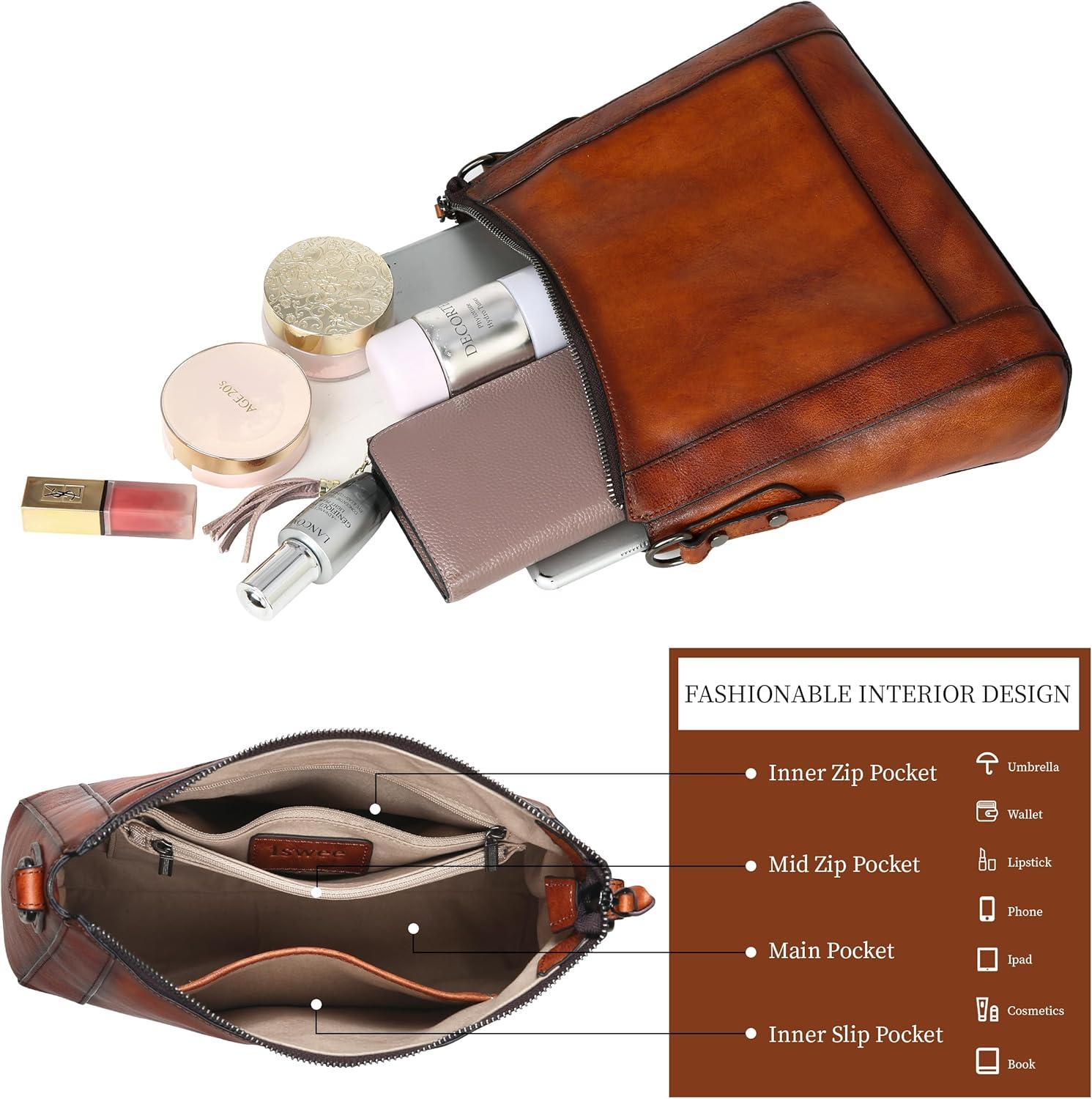 imageIswee Leather Crossbody Bags for Women Shoulder Purse Medium Hobo Genuine Leather Satchel Purses and HandbagsBrown