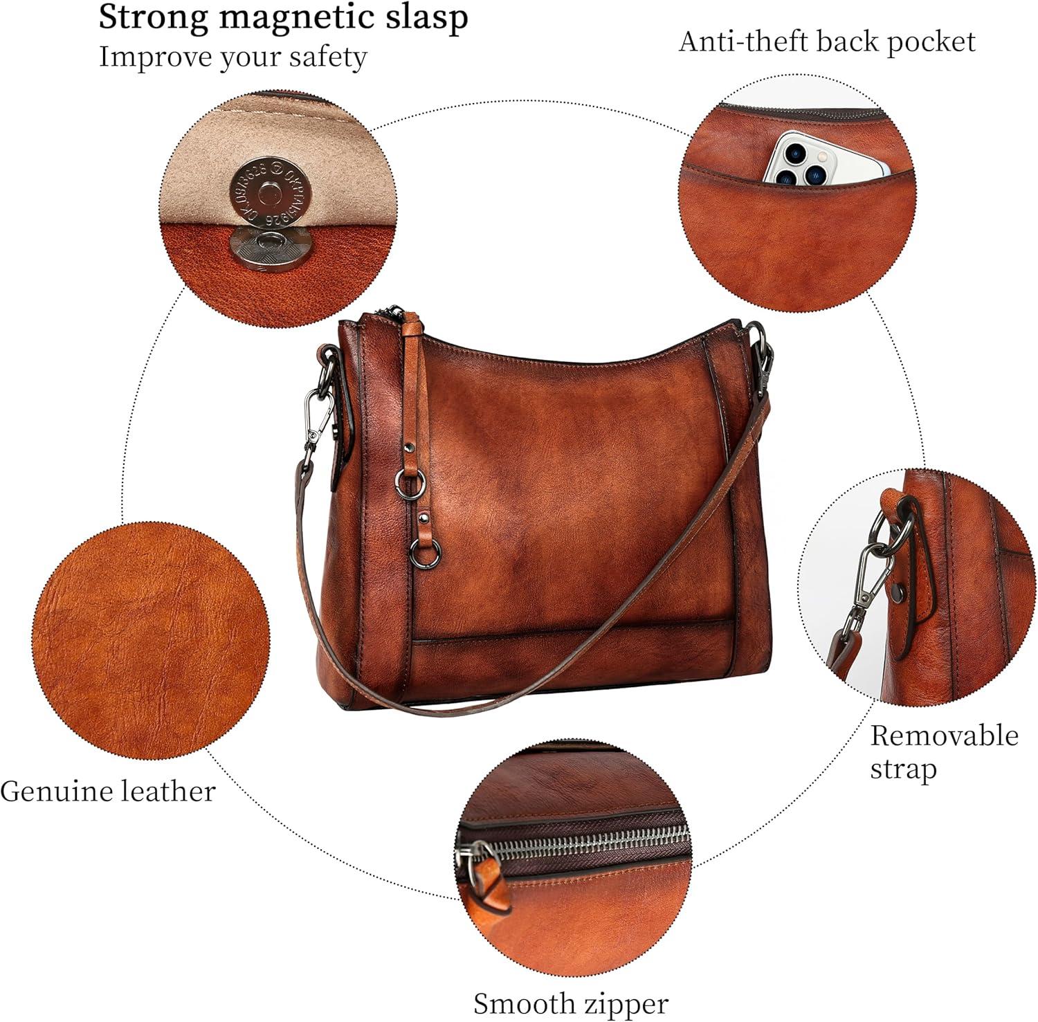 imageIswee Leather Crossbody Bags for Women Shoulder Purse Medium Hobo Genuine Leather Satchel Purses and HandbagsBrown