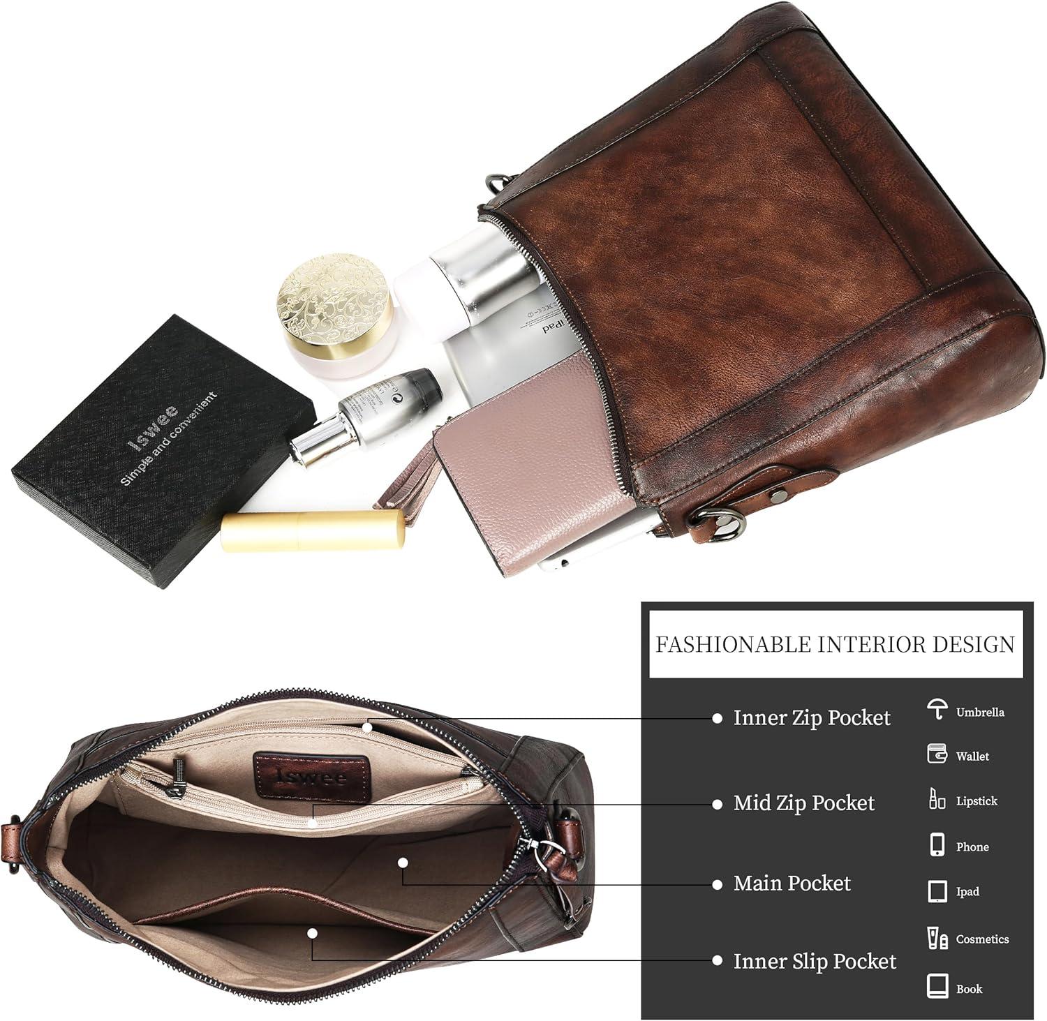 imageIswee Leather Crossbody Bags for Women Shoulder Purse Medium Hobo Genuine Leather Satchel Purses and HandbagsCoffee