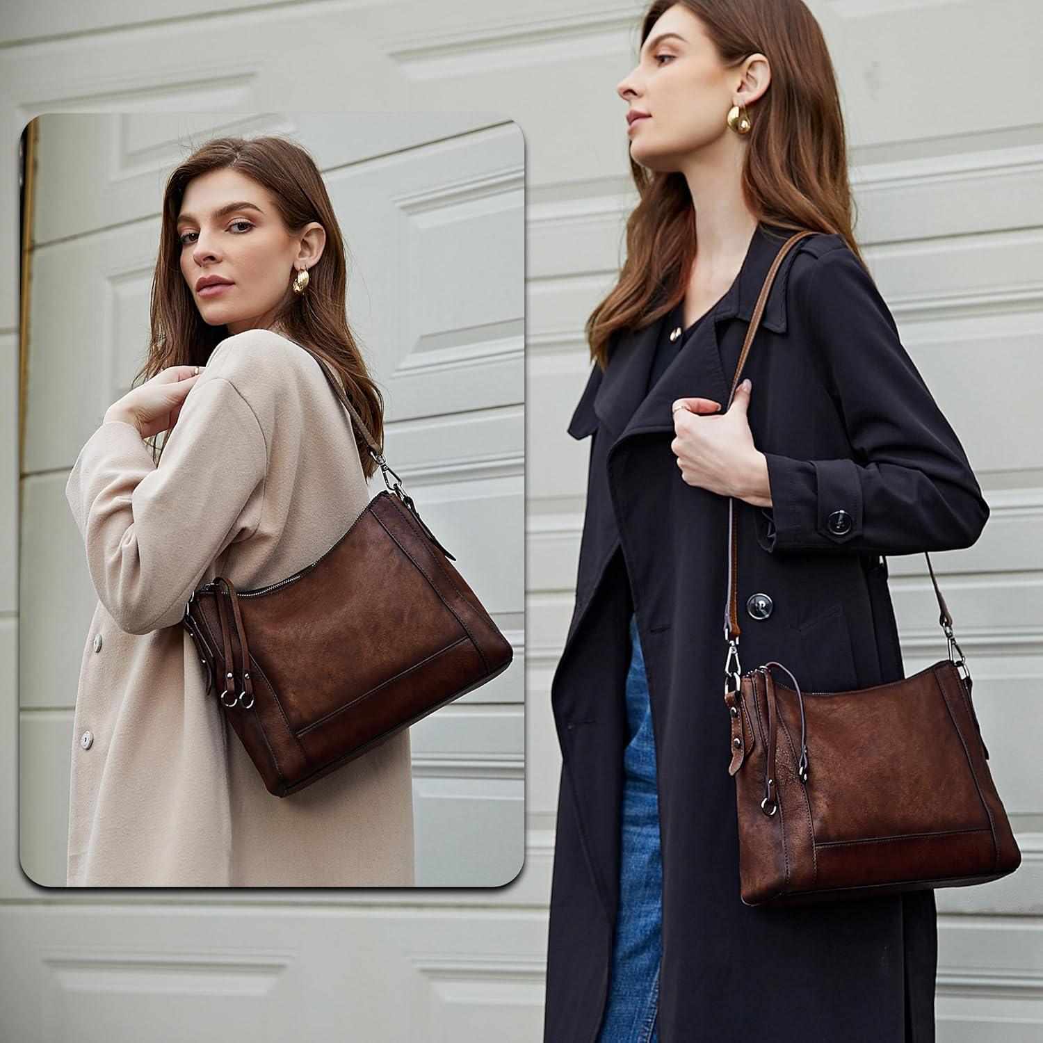 imageIswee Leather Crossbody Bags for Women Shoulder Purse Medium Hobo Genuine Leather Satchel Purses and HandbagsCoffee