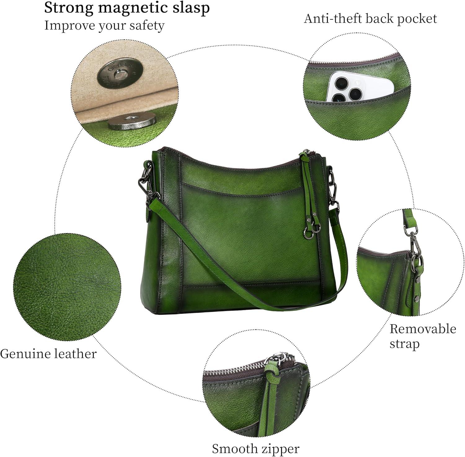 imageIswee Leather Crossbody Bags for Women Shoulder Purse Medium Hobo Genuine Leather Satchel Purses and HandbagsGreen