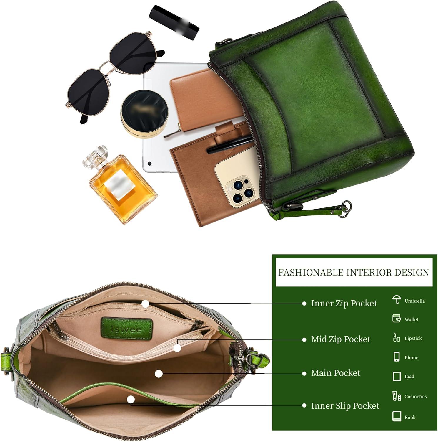 imageIswee Leather Crossbody Bags for Women Shoulder Purse Medium Hobo Genuine Leather Satchel Purses and HandbagsGreen