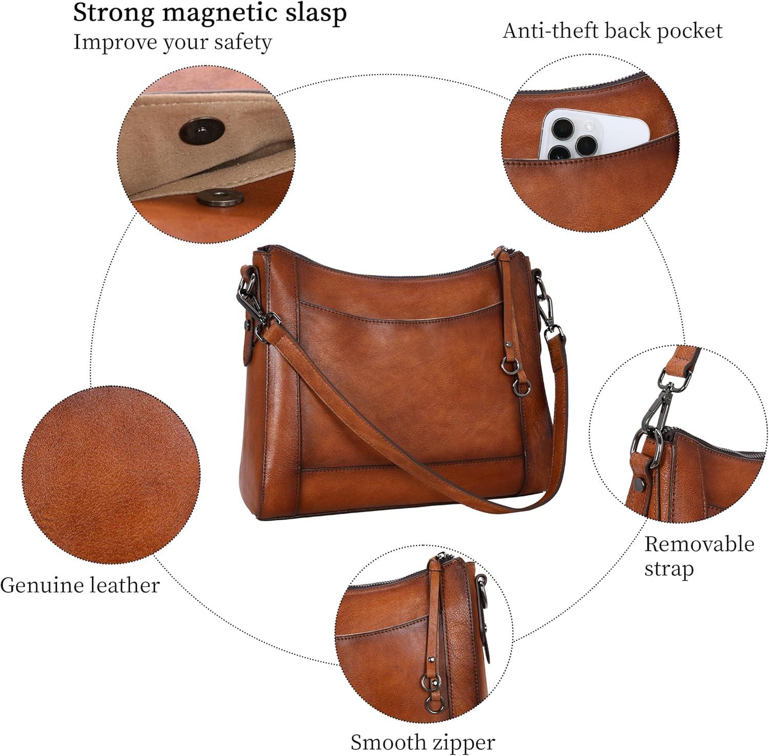 imageIswee Leather Crossbody Bags for Women Shoulder Purse Medium Hobo Genuine Leather Satchel Purses and HandbagsLight Brown