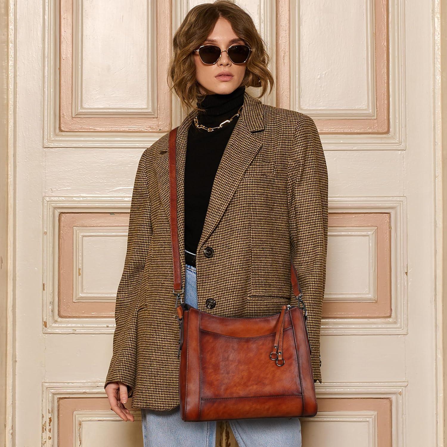 imageIswee Leather Crossbody Bags for Women Shoulder Purse Medium Hobo Genuine Leather Satchel Purses and HandbagsLight Brown