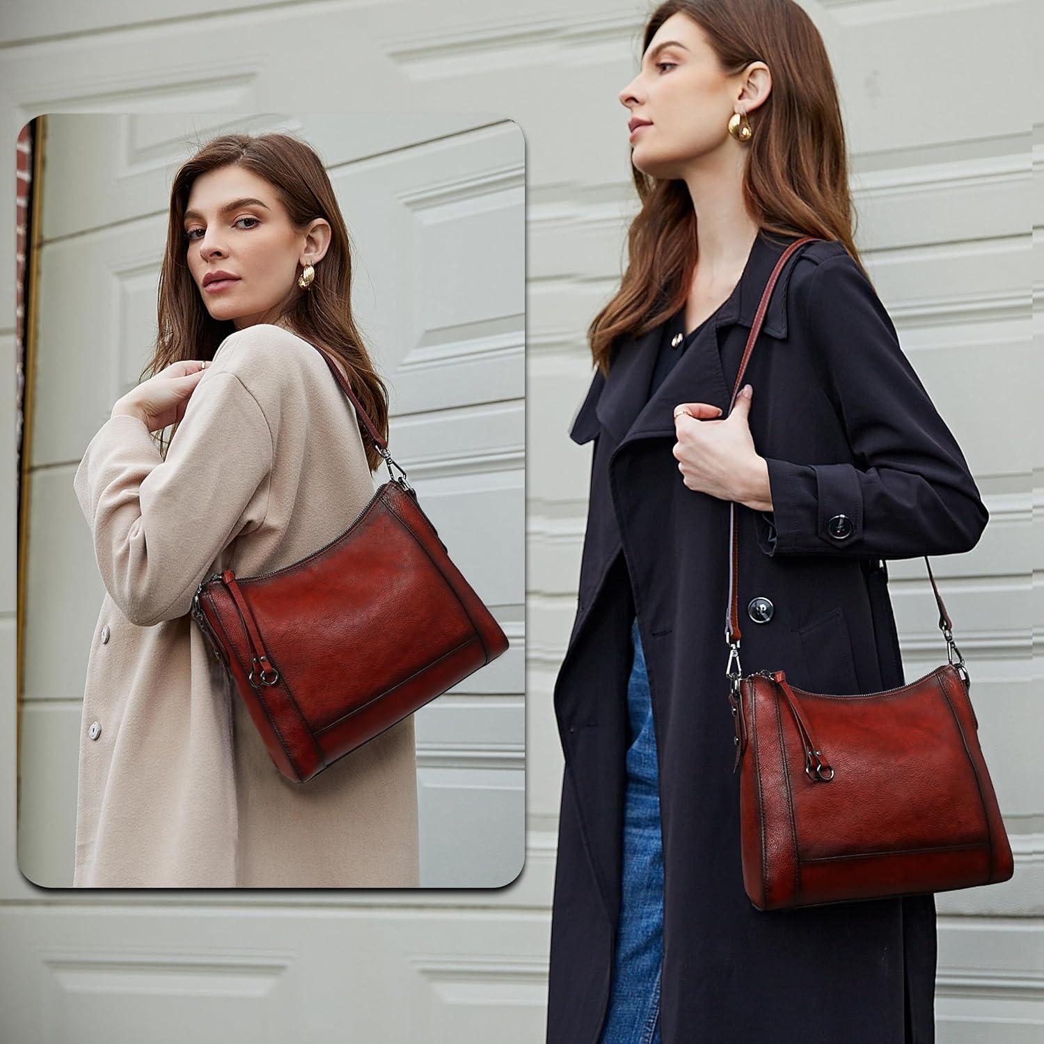 imageIswee Leather Crossbody Bags for Women Shoulder Purse Medium Hobo Genuine Leather Satchel Purses and HandbagsWine