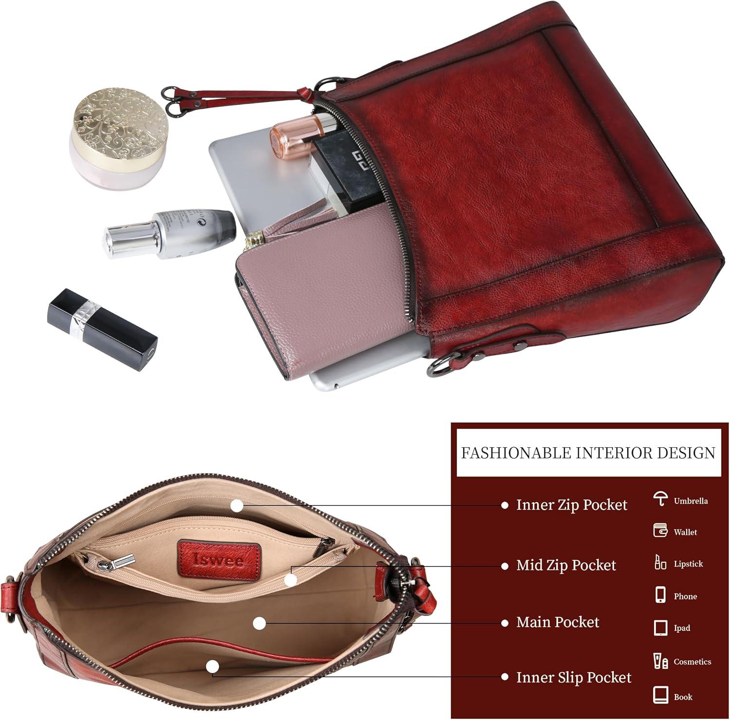 imageIswee Leather Crossbody Bags for Women Shoulder Purse Medium Hobo Genuine Leather Satchel Purses and HandbagsWine