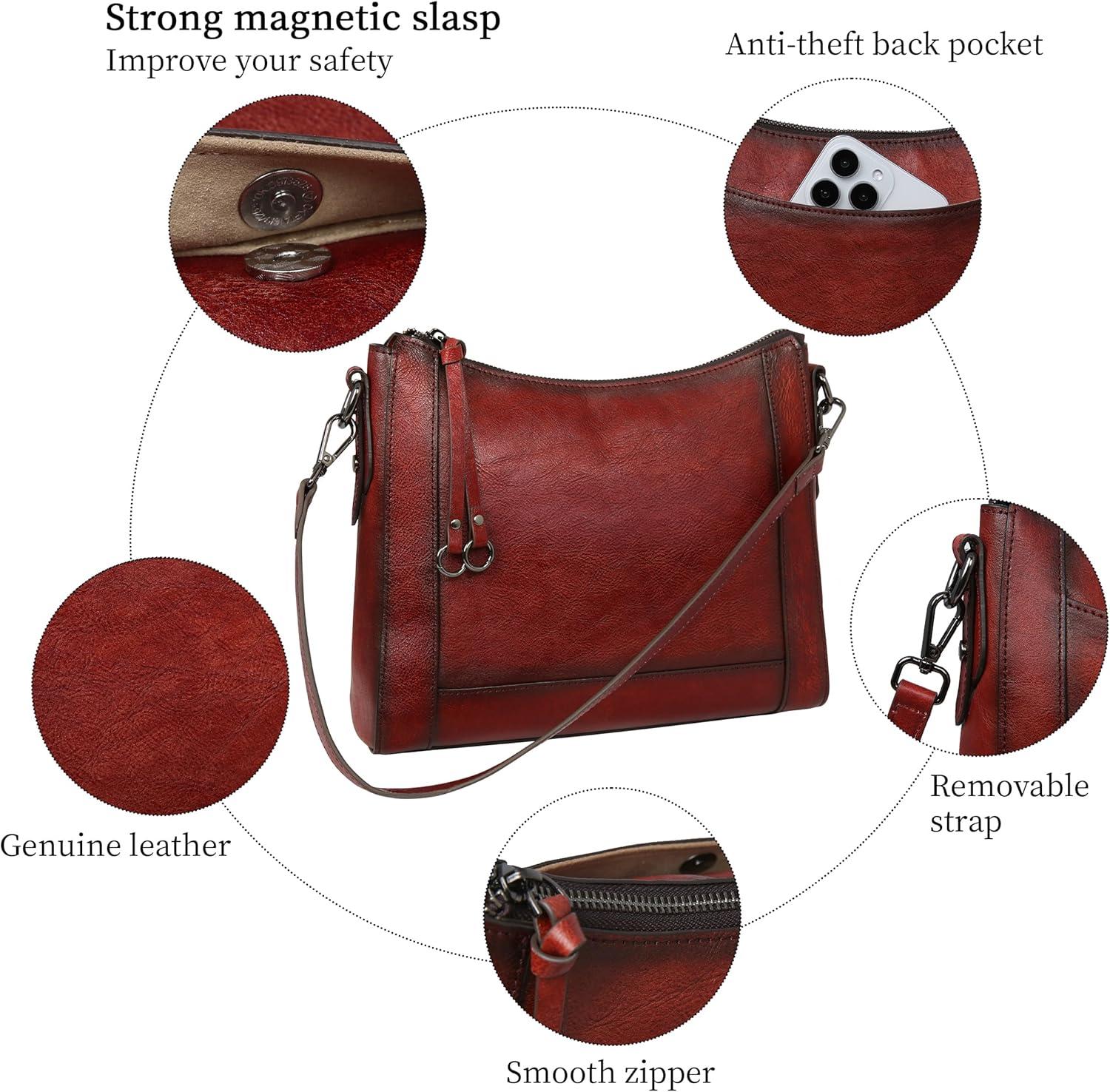 imageIswee Leather Crossbody Bags for Women Shoulder Purse Medium Hobo Genuine Leather Satchel Purses and HandbagsWine