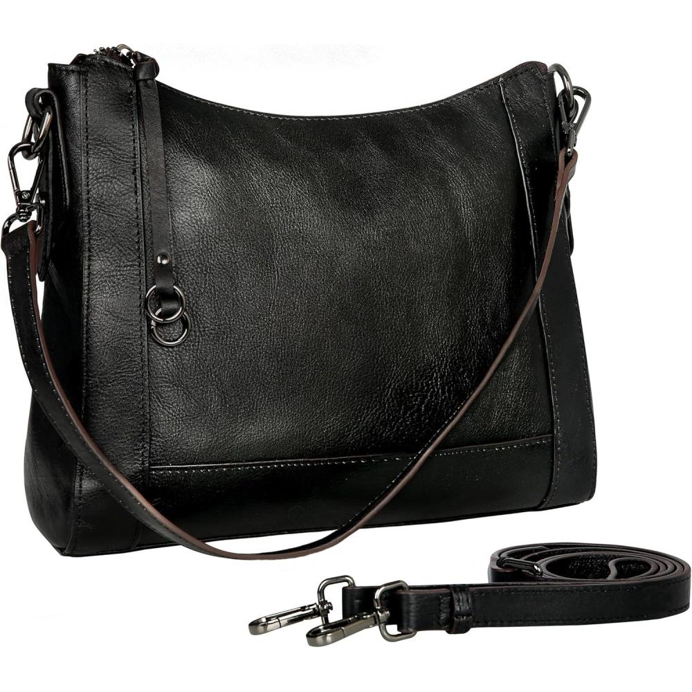 imageIswee Leather Crossbody Bags for Women Shoulder Purse Medium Hobo Genuine Leather Satchel Purses and HandbagsBlack