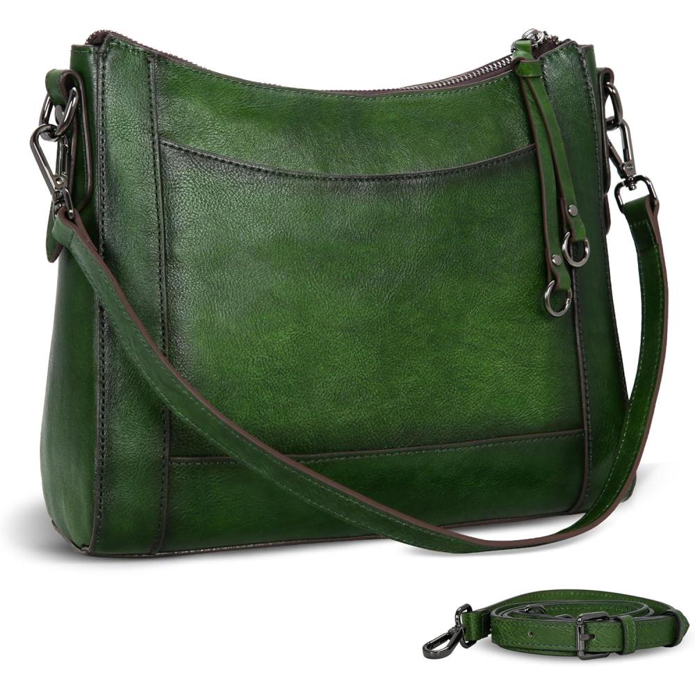 imageIswee Leather Crossbody Bags for Women Shoulder Purse Medium Hobo Genuine Leather Satchel Purses and HandbagsGreen