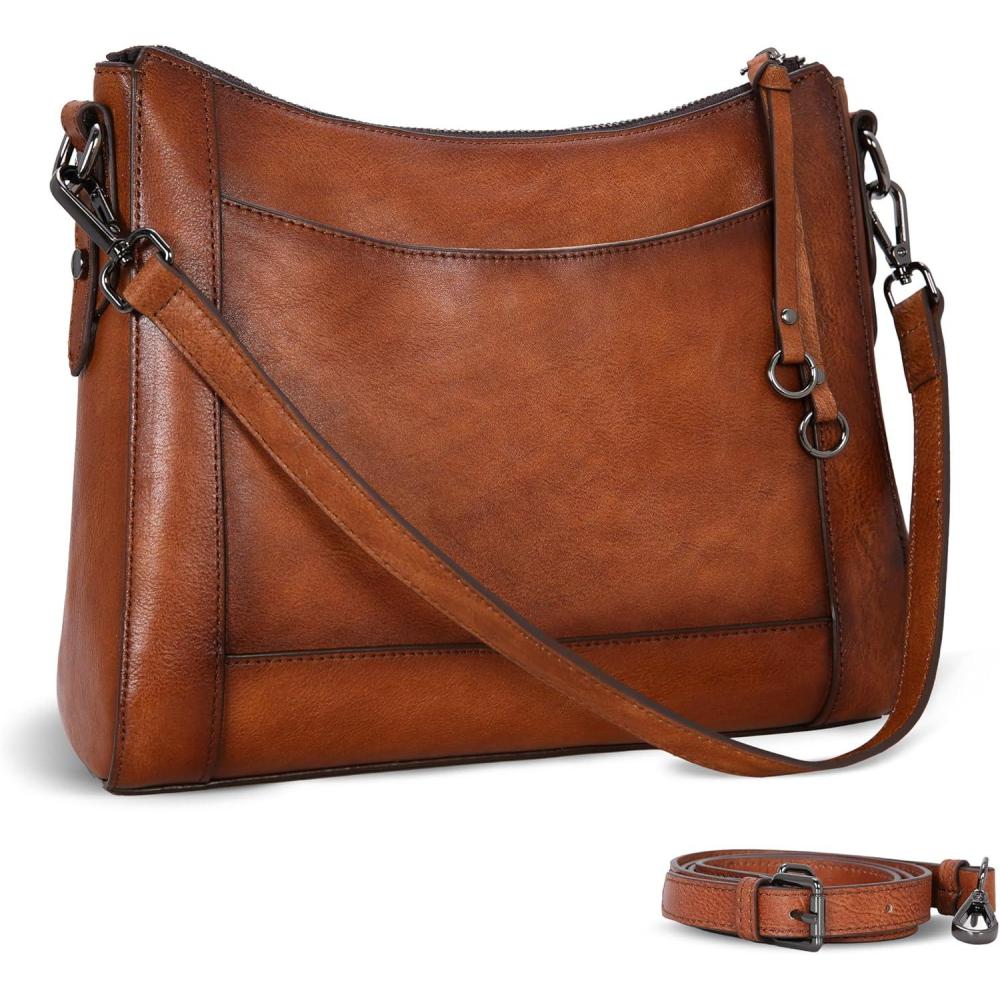 imageIswee Leather Crossbody Bags for Women Shoulder Purse Medium Hobo Genuine Leather Satchel Purses and HandbagsLight Brown