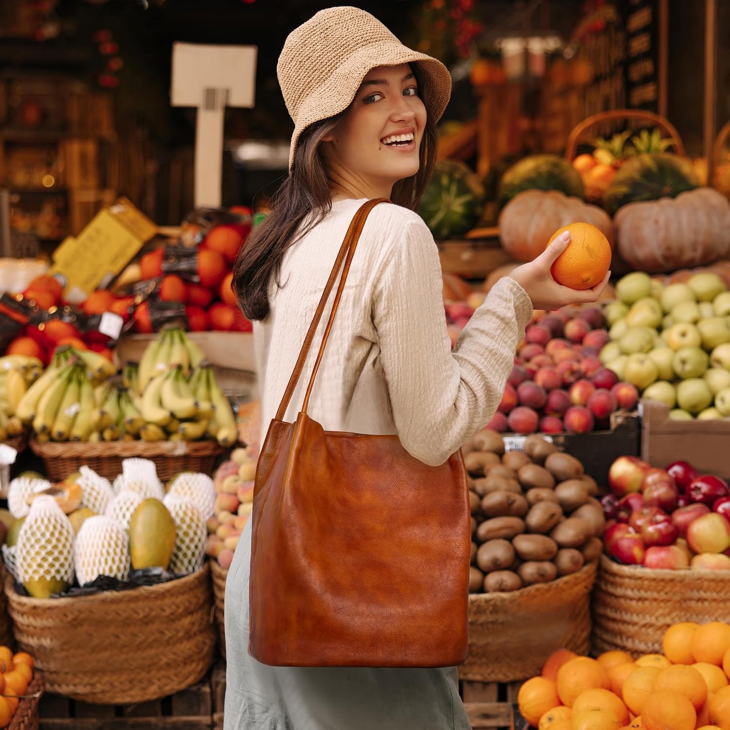 image:imageIswee Leather Shoulder Bags for Women Vintage Tote Bag Ladies Purses and Handbags Soft Everyday Bucket Purse for WorkReddish Brown