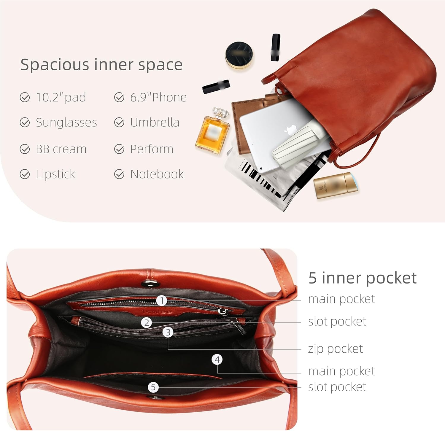 image:imageIswee Leather Shoulder Bags for Women Vintage Tote Bag Ladies Purses and Handbags Soft Everyday Bucket Purse for WorkReddish Brown