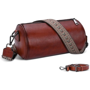 image:imageIswee Soft Leather Crossbody Purse for Women Barrel Bag Shoulder Handbags Medium Size Satchel Purse with Two Adjustable StrapBrown
