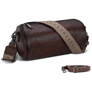 image:imageIswee Soft Leather Crossbody Purse for Women Barrel Bag Shoulder Handbags Medium Size Satchel Purse with Two Adjustable StrapCoffee