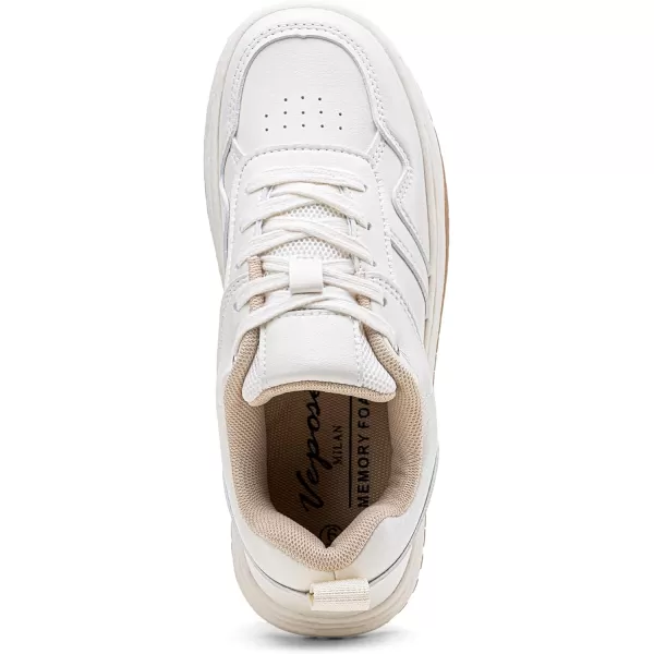 Vepose 8060 Womens Fashion Platform Sneakers Wide Toe Design Leather Casual Tennis Laceup ShoesBeige