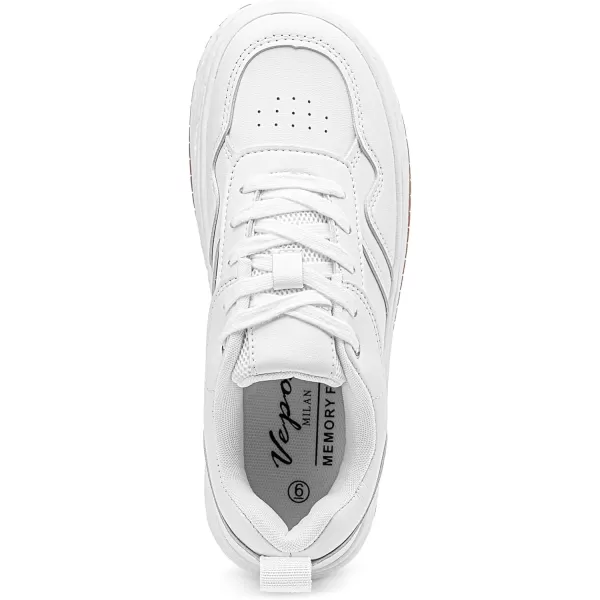 Vepose 8060 Womens Fashion Platform Sneakers Wide Toe Design Leather Casual Tennis Laceup ShoesWhite