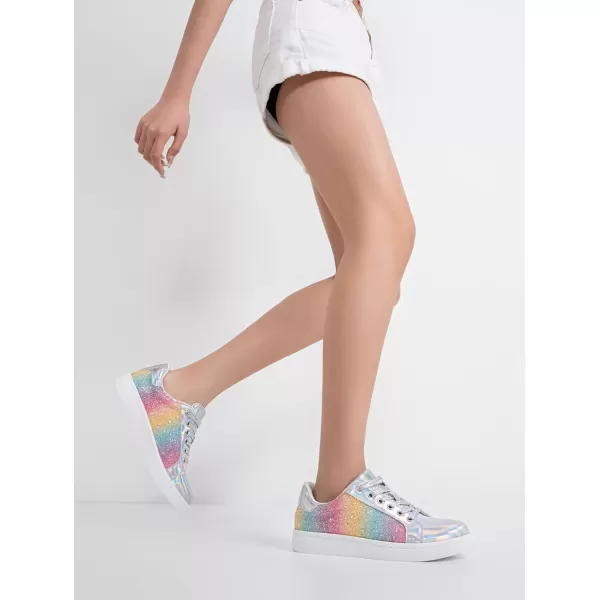 Vepose Womens 8003 Fashion Lace Up Comfortable Casual Tennis SneakersCrainbow8003 Glitter