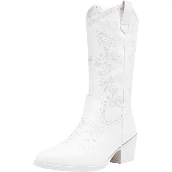 Vepose 9803 Cowboy Boots Women Cowgirl Embroided Western Pull on Pointed Toe MidCalf Chunky Heel Boots with Inside ZipperWestern9803white