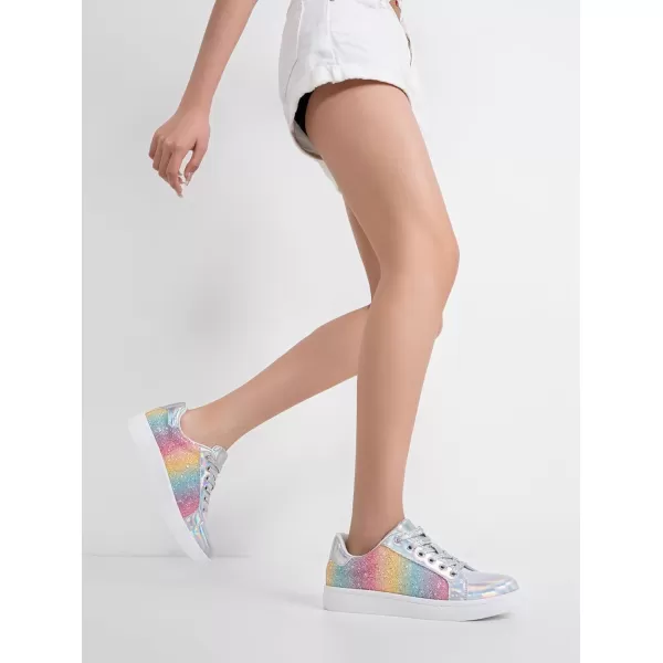 Vepose Womens 8003 Fashion Lace Up Comfortable Casual Tennis SneakersCglitter Sneakersrainbow