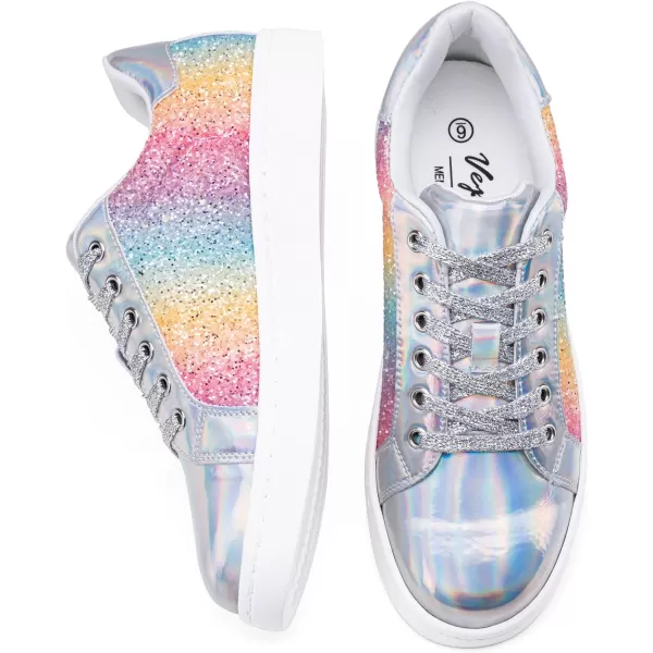 Vepose Womens 8003 Fashion Lace Up Comfortable Casual Tennis SneakersGlitter Sneakersrainbow