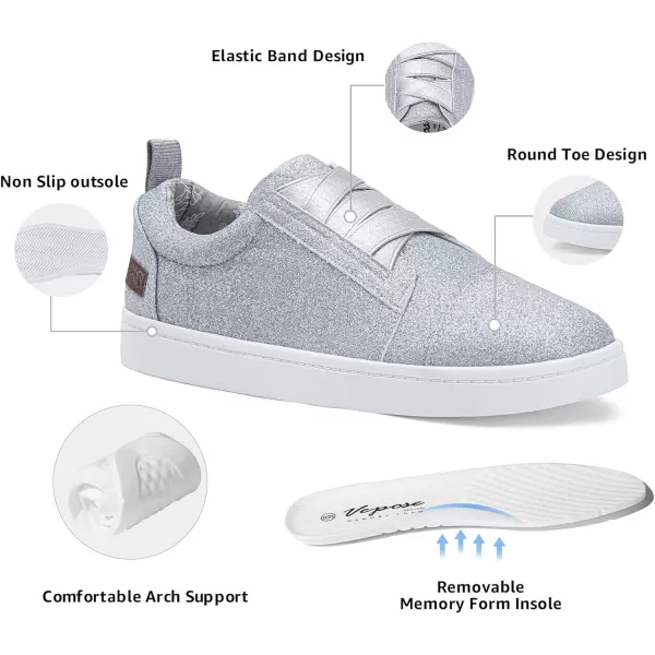 Vepose Womens 8006 Fashion Sneakers Walking Comfortable Shoes Slip on Casual SneakerComfy Sneakers8006silver