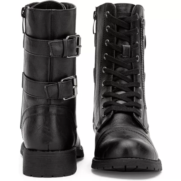 Vepose Womens 928 Military Combat Boots Mid Calf Bootswith Card Knife Wallet PocketAtwo Straps929black Pu