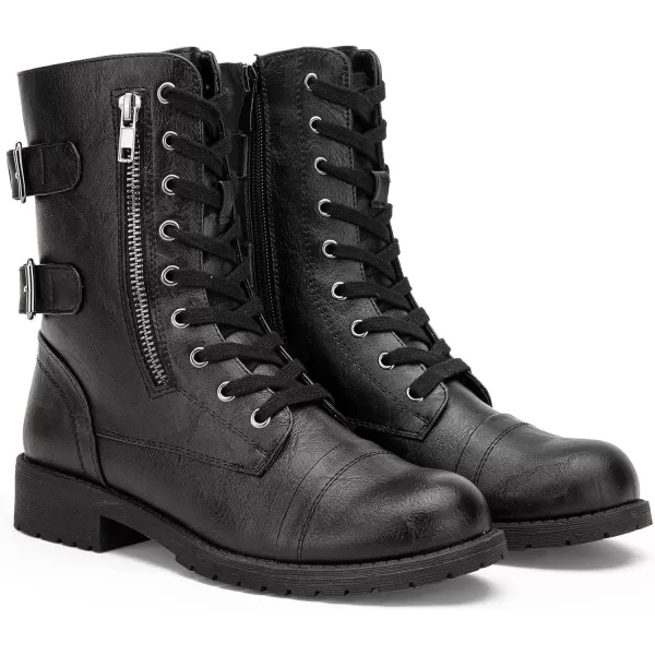 Vepose Womens 928 Military Combat Boots Mid Calf Bootswith Card Knife Wallet PocketAtwo Straps929black Pu