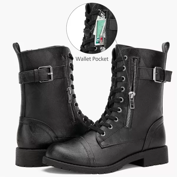 Vepose Womens 928 Military Combat Boots Mid Calf Bootswith Card Knife Wallet PocketBuckle Combat928black Pu