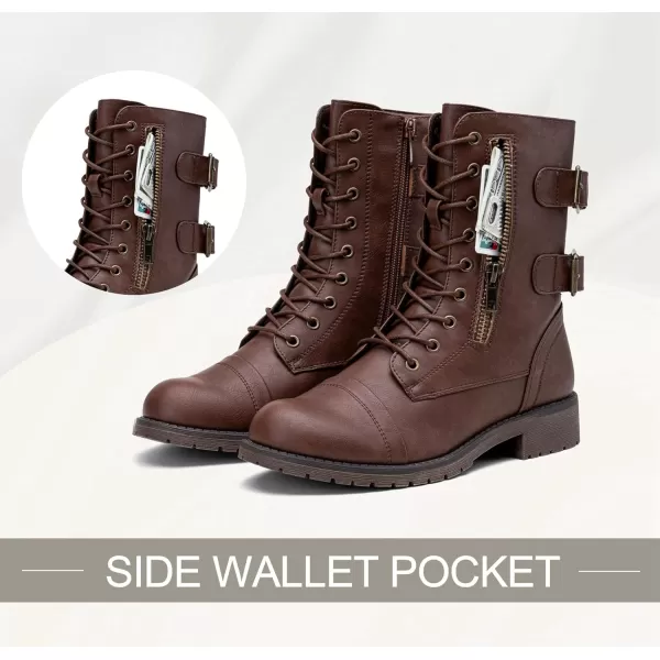 Vepose Womens 928 Military Combat Boots Mid Calf Bootswith Card Knife Wallet PocketHigh Combat929cognac