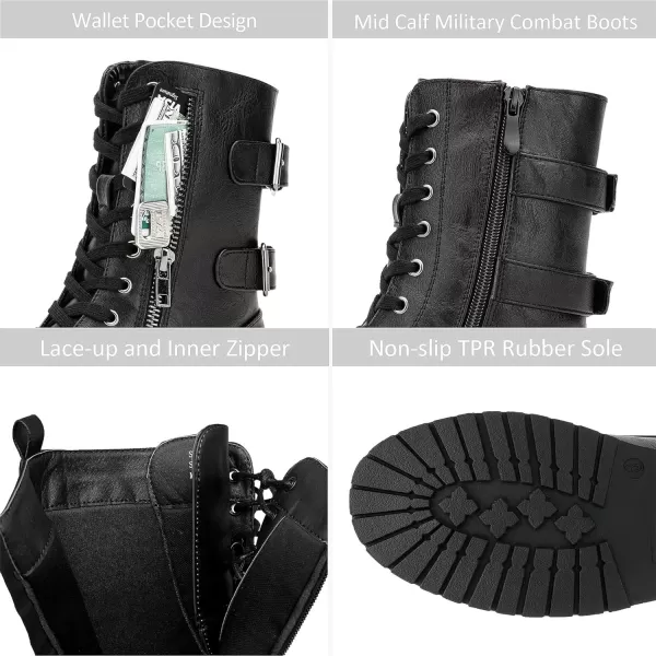 Vepose Womens 928 Military Combat Boots Mid Calf Bootswith Card Knife Wallet PocketTwo Straps929black Pu