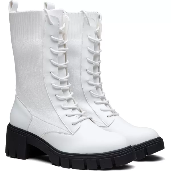 Vepose Womens 9650 Mid Calf Boots Lace Up Combat Boots Elastic Chunky Platform Boots for WomenMid Calf Boots9650white