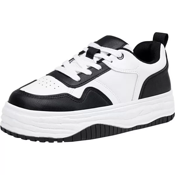 Vepose 8060 Womens Fashion Platform SneakersWide Toe Design Leather Casual Tennis Laceup ShoesWide Toe Platform8060white Black