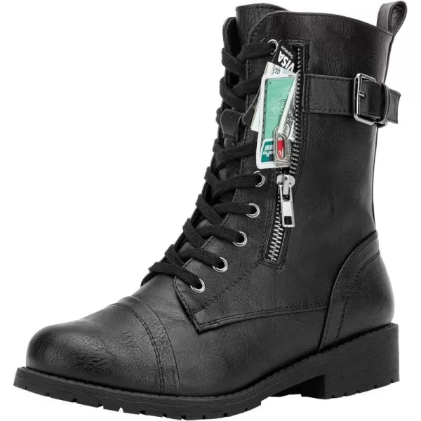 Vepose Womens 928 Military Combat Boots Mid Calf Bootswith Card Knife Wallet PocketBuckle Combat928black Pu