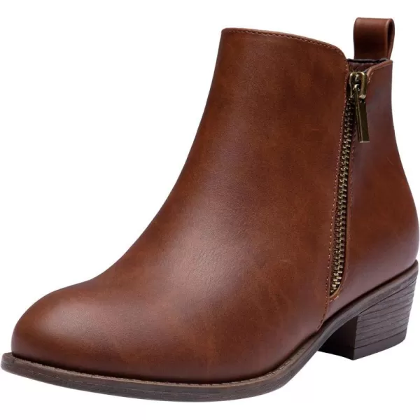 Vepose Womens Ankle Boots Low Heel Casual Boot Round Toe Zipper Booties for Women1050cognac