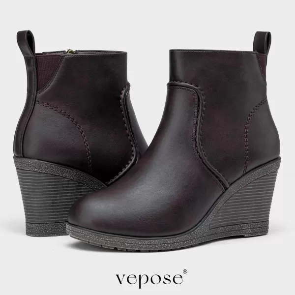 Vepose Womens 9679 Wedge Ankle Boots Classic Ankle Wedge Booties with Side Zipper for LadyWedge Ankle Boots9679 Brown