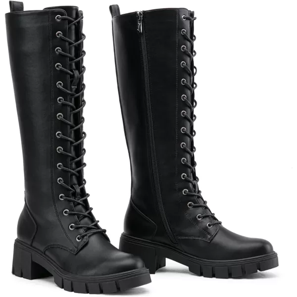 Vepose Womens 953 Lace Platform Combat Knee High Boots with Comfort Chunky HeelPlatform953blackpu