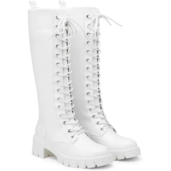 Vepose Womens 953 Lace Platform Combat Knee High Boots with Comfort Chunky HeelPlatform953white