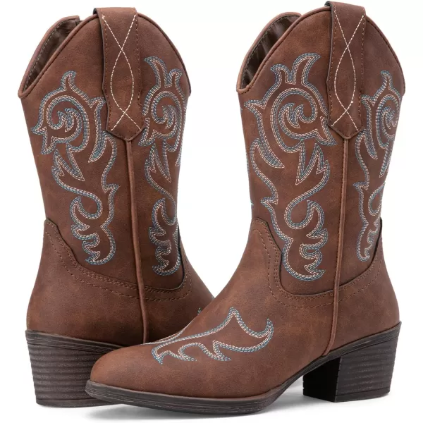 Vepose Womens Cowboy Boots 9800Mid Calf CowgirlWestern Embroidered Pullon Boots for LadiesModern Cowboy9800brown