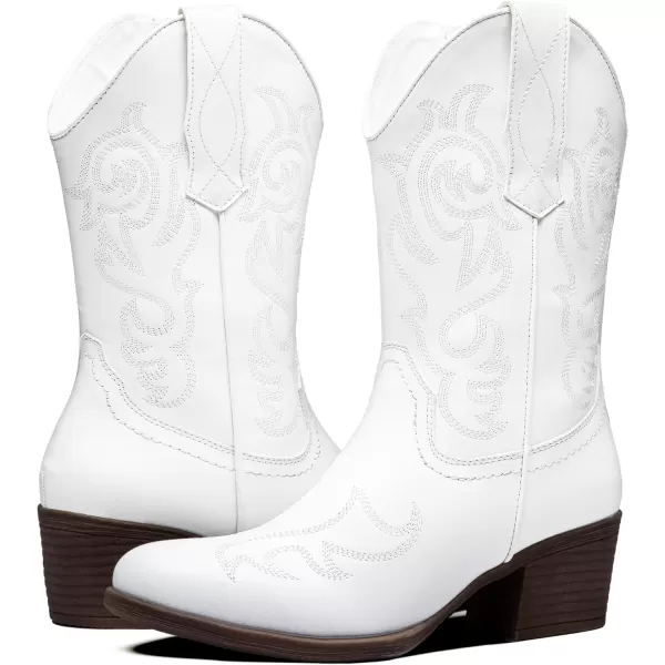 Vepose Womens Cowboy Boots 9800Mid Calf CowgirlWestern Embroidered Pullon Boots for LadiesModern Cowboy9800white