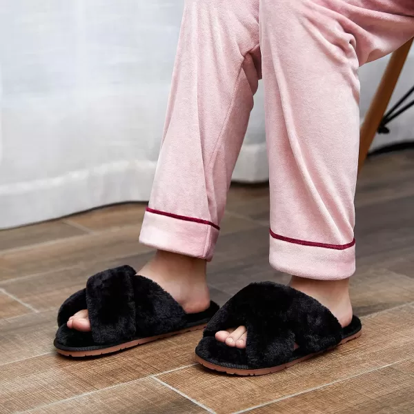 Vepose Womens Cross Band Slippers Soft Plush Furry Open Toe Fur Slides Fuzzy Fluffy Slip on House Shoes Indoor Outdoor SlippersCross Band801black