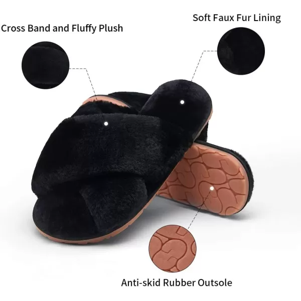 Vepose Womens Cross Band Slippers Soft Plush Furry Open Toe Fur Slides Fuzzy Fluffy Slip on House Shoes Indoor Outdoor SlippersCross Band801black