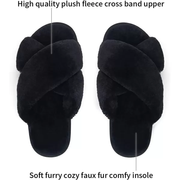 Vepose Womens Cross Band Slippers Soft Plush Furry Open Toe Fur Slides Fuzzy Fluffy Slip on House Shoes Indoor Outdoor SlippersCross Band801black