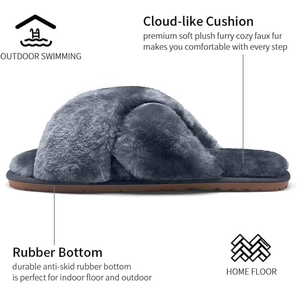 Vepose Womens Cross Band Slippers Soft Plush Furry Open Toe Fur Slides Fuzzy Fluffy Slip on House Shoes Indoor Outdoor SlippersCross Band801grey