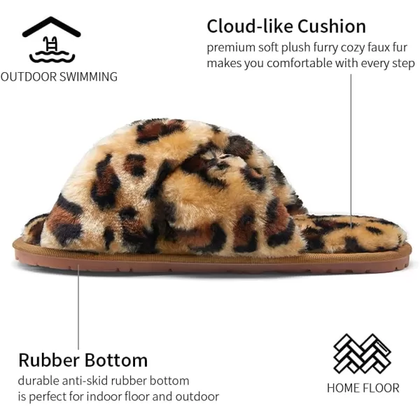 Vepose Womens Cross Band Slippers Soft Plush Furry Open Toe Fur Slides Fuzzy Fluffy Slip on House Shoes Indoor Outdoor SlippersCross Band801leopard